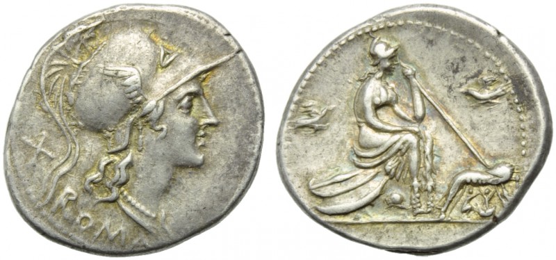 Anonymous, Denarius, Rome, 115 or 114 BC; AR (g 3,92; mm 22; h 7); Helmeted head...