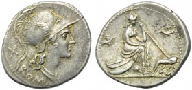 Anonymous, Denarius, Rome, 115 or 114 BC; AR (g 3,92; mm 22; h 7); Helmeted head of Roma r.; behind, X; below, ROMA, Rv. Roma seated r. on pile of shi...