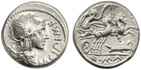 M. Cipius M.f., Denarius, Rome, 115 or 114 BC; AR (g 3,92; mm 17; h 6); Helmeted head of Roma r.; before, M CIPI M F; behind, X, Rv. Victory in biga r...