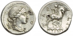 Mn. Aemilius Lepidus, Denarius, Rome, 114 or 113 BC; AR (g 4,05; mm 17; h 7); Laureate female bust r., draped and wearing diadem; before, ROMA; behind...