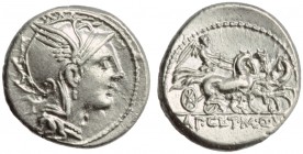 T. Mallius Mancinus, Ap. Claudius Pulcher and Q. Urbinius, Denarius, Rome, 111 or 110 BC; AR (g 3,97; mm 18; h 8); Helmeted head of Roma r.; behind, q...