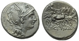 T. Mallius Mancinus, Ap. Claudius Pulcher and Q. Urbinius, Denarius, Rome, 111 or 110 BC; AR (g 3,74; mm 17; h 9); Helmeted head of Roma r.; behind, q...