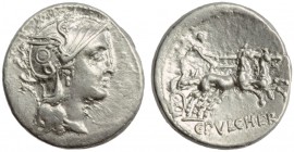 C. Claudius Pulcher, Denarius, Rome, 110 or 109 BC; AR (g 3,86; mm 19; h 7); Helmeted head of Roma r., Rv. Victory in biga r., holding reins; in ex. C...