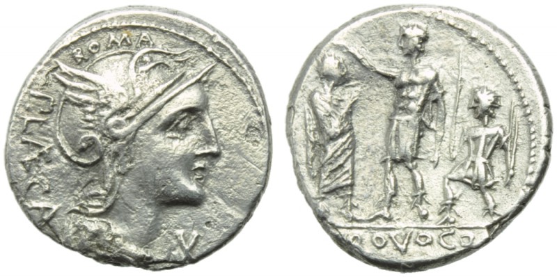 P. Porcius Laeca, Denarius, Rome, 110 or 109 BC; AR (g 3,51; mm 19; h 9); Helmet...