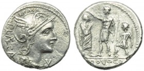 P. Porcius Laeca, Denarius, Rome, 110 or 109 BC; AR (g 3,51; mm 19; h 9); Helmeted head of Roma r.; above, ROMA; before, X; behind, P LAECA, Rv. Figur...