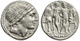 L. Memmius, Denarius, Rome, 109 or 108 BC; AR (g 3,84; mm 19; h 8); Young male head r. wearing oak-wreath; before, *, Rv. The Dioscuri standing facing...