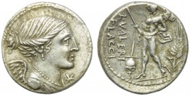 L. Valerius Flaccus, Denarius, Rome, 108 or 107 BC; AR (g 3,79; mm 19; h 3); Draped and winged bust of Victory r.; before, *, Rv. Mars advancing l., h...