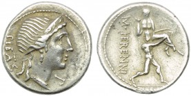 M. Herennius, Denarius, Rome, 108 or 107 BC; AR (g 3,93; mm 19; h 6); Head of Pietas r., wearing diadem; behind, PIETAS; before, control letter, Rv. O...