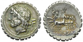 L. Cornelius Scipio Asiaticus, Denarius serratus, Rome, 106 BC; AR (g 3,39; mm 19; h 4); Laureate head of Jupiter l.; behind, control mark, Rv. Jupite...