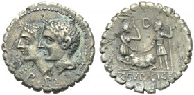 C. Sulpicius C.f. Galba, Denarius serratus, Rome, 106 BC; AR (g 3,11; mm 20; h 6); Jugate, laureate heads of Dei Penates l.; before, D P P, Rv. Two ma...