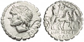 L. Memmius Gal(eria tribu), Denarius serratus, Rome, 106 BC; AR (g 3,90; mm 17; h 3); Head of Saturn l; behind harpa and ROMA, Rv. Venus in biga r., h...