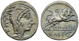 L. Thorius Balbus, Denarius, Rome, 105 BC; AR (g 3,96; mm 19; h 7); Head of Juno Sospita r., wearing goat-skin; behind, downwards, I S M R, Rv. Bull c...