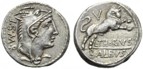 L. Thorius Balbus, Denarius, Rome, 105 BC; AR (g 3,94; mm 19; h 6); Head of Juno Sospita r., wearing goat-skin; behind, downwards, I S M R, Rv. Bull c...