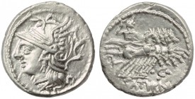 L. Appuleius Saturninus, Denarius, Rome, 104 BC; AR (g 4,01; mm 19; h 3); Helmeted head of Roma l., Rv. Saturn in quadriga r., holding reins and harpa...