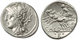 C. Coelius Caldus, Denarius, Rome, 104 BC; AR (g 3,90; mm 18; h 12); Helmeted head of Roma l., Rv. Victory in biga l., holding reins; below, CALD; in ...
