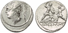 Q. Minucius Thermus M.f., Denarius, Rome, 103 BC; AR (g 3,88; mm 19; h 8); Helmeted head of Mars l., Rv. Roman soldier fighting barbarian soldier in p...
