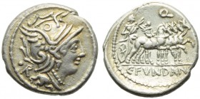 C. Fundanius, Denarius, Rome, 101 BC; AR (g 3,85; mm 19; h 7); Helmeted head of Roma r.; behind, control mark, Rv. Triumphator in quadriga r., holding...
