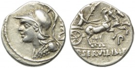 P. Servilius M.f. Rullus, Denarius, Rome, 100 BC; AR (g 3,73; mm 18; h 12); Helmeted and cuirassed bust of Minerva l.; behind, RVLLI, Rv. Victory in b...