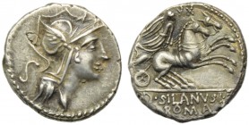D. Junius Silanus L.f., Denarius, Rome, 91 BC; AR (g 3,46; mm 18; h 6); Helmeted head of Roma r.; behind, control letter, Rv. Victory in biga r., hold...