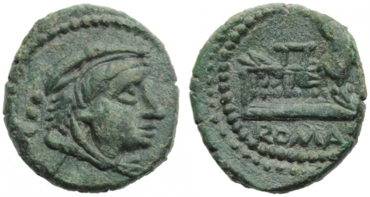 Anonymous, Quadrans, Rome, c. 91 BC; AE (g 3,66; mm 17; h 6); Head of Hercules r...