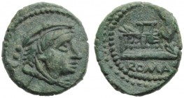 Anonymous, Quadrans, Rome, c. 91 BC; AE (g 3,66; mm 17; h 6); Head of Hercules r., wearing lion’s skin; behind, °°°, Rv. Prow r.; before, [°°°]; below...