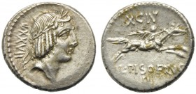 L. Calpurnius Piso L.f. L.n. Frugi, Denarius, Rome, 90 BC; AR (g 3,96; mm 18; h 1); Laureate head of Apollo r.; behind, control numeral, Rv. Horseman ...