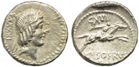 L. Calpurnius Piso L.f. L.n. Frugi, Denarius, Rome, 90 BC; AR (g 3,97; mm 18; h 12); Laureate head of Apollo r.; behind, control numeral, Rv. Horseman...