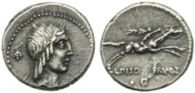 L. Calpurnius Piso L.f. L.n. Frugi, Denarius, Rome, 90 BC; AR (g 3,83; mm 17; h 7); Laureate head of Apollo r.; behind, control symbol, Rv. Horseman g...