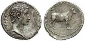 Augustus (27 BC - AD 14), Denarius, Greece: Samos (?), c. 21-20 BC; AR (g 3,63; mm 20; h 12); CAESAR, bare head r., Rv. AVGVSTVS, young bull standing ...
