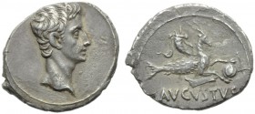 Augustus (27 BC - AD 14), Denarius, Spain: Colonia Patricia (?), 18-16 BC; AR (g 3,67; mm 21; h 6); Bare head r., Rv. AVGVSTVS, capricorn r., holding ...
