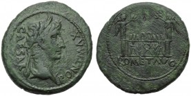 Augustus (27 BC - AD 14), As, Lugdunum, 15-10 BC; AE (g 10,89; mm 27; h 3); CAESAR - PONT MAX, laureate head r., Rv. Front elevation of the Altar of L...