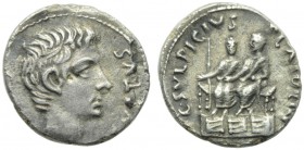 Augustus (27 BC - AD 14), Denarius, Rome, 13 BC; AR (g 2,89 ; mm 18; h 9); CAESAR - AVGVSTVS, bare head r., Rv. C SVLPICIVS - PLATORIN, Augustus and A...
