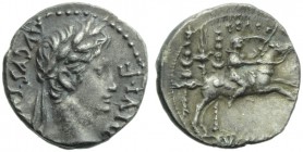 Augustus (27 BC - AD 14), Denarius, Lugdunum, 8-7 BC; AR (g 3,85; mm 18; h 5); AVGVST[VS] - DIVI F, laureate head r., Rv. C CAES, Caesar galloping r.,...