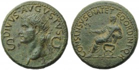 Divus Augustus (Gaius, 37-41), Dupondius, Rome, AD 37-41; AE (g 17,25; mm 29; h 6); DIVVS AVGVSTVS, radiate head l.; in field, S - C, Rv. CONSENSV SEN...