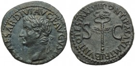 Tiberius (14-37), As, Rome, c. AD 14-37 ; AE (g 11,29; mm 28; h 7); TI CAESAR DIVI AVG F AVGVST IMP VIII, laureate head l., Rv. PONTIF MAXIM TRIBVN PO...