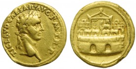 Claudius (41-54), Aureus, Rome, AD 41-42; AV (g 7,69; mm 18; h 9); TI CLAVD CAESAR AVG P M TR P, laureate head r., Rv. IMPER RECEPT, battlemented wall...