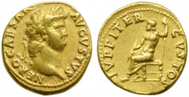 Nero (54-68), Aureus, Rome, c. AD 64-65; AV (g 7,30; mm 18; h 6); NERO CAESAR - AVGVSTVS, laureate head r., Rv. IVPPITER - CVSTOS, Jupiter seated l., ...