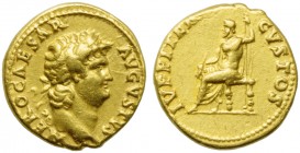 Nero (54-68), Aureus, Rome, c. AD 64-65; AV (g 7,23; mm 18; h 6); NERO CAESAR - AVGVSTVS, laureate head r., Rv. IVPPITER - CVSTOS, Jupiter seated l., ...