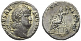 Nero (54-68), Denarius, Rome, c. AD 64-65; AR (g 3,15; mm 17; h 6); [NER]O CAESAR - AVGV[STVS], laureate head r., Rv. [IVPPIT]ER - CVSTOS, Jupiter sea...
