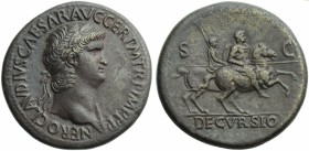 Nero (54-68), Sestertius, Rome, c. AD 64; AE (g 27,44; mm 34; h 7); NERO CLAVDIVS CAESAR AVG GER P M TR P IMP P P, laureate bust r., wearing aegis, Rv...