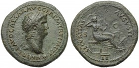 Nero (54-68), Dupondius, Lugdunum, c. AD 64-67; AE (g 15,83; mm 32; h 6); NERO CLAVD CAESAR AVG GER P M TR P IMP P P, radiate head r., globe at point ...