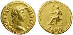 Nero (54-68), Aureus, Rome, c. AD 65-66; AV (g 7,27; mm 20; h 4); NERO CAESAR - AVGVSTVS, laureate head r., Rv. Salus seated l., holding patera; in ex...