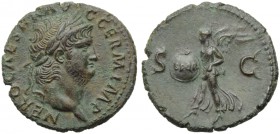 Nero (54-68), As, Rome, c. AD 65; AE (g 10,32; mm 27; h 6); NERO CAESAR AV - G GERM IMP, laureate head r., Rv. Victory flying l., holding shield inscr...