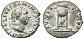 Vitellius (69), Denarius, Rome, late April - 20 December AD 69; AR (g 3,03; mm 18; h 6); A VITELLIVS GERM IMP AVG TR P, laureate head r., Rv. XV VIR -...