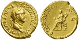 Vespasian (69-79), Aureus, Lugdunum (?), AD 69-70; AV (g 7,36; mm 19; h 6); IMP CAESAR VE - SPASIANVS AVG, laureate head r., Rv. CONCORDIA - AVG, Cere...