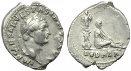 Vespasian (69-79), Denarius, Rome, AD 69-70; AR (g 3,37; mm 20; h 5); IMP CAESAR VESPASIA[NVS AVG], laureate head r., Rv. Judaea seated r. on ground; ...