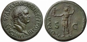 Vespasian (69-79), Sestertius, Rome, AD 71; AE (g 26,17; mm 35; h 6); IMP CAE VESPASIAN AVG P M TR P P P COS III, laureate head r., Rv. ROMA, standing...