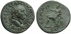 Vespasian (69-79), Dupondius, Rome, AD 71; AE (g 12,90; mm 26; h 7); IMP CAES VESPASIAN AVG COS III, radiate head r., Rv. ROMA, Roma seated l., holdin...