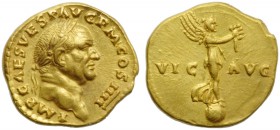 Vespasian (69-79), Aureus, Rome, AD 72-73; AV (g 7,31; mm 20; h 7); IMP CAES VESP AVG P M COS IIII, laureate head r., Rv. VIC - AVG, Victory standing ...