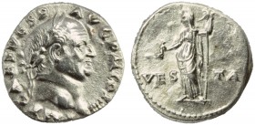 Vespasian (69-79), Denarius, Rome, AD 72-73; AR (g 3,22; mm 17; h 6); IMP CAES VESP - AVG COS IIII, laureate head r., Rv. VEST - TA, Vesta standing l....